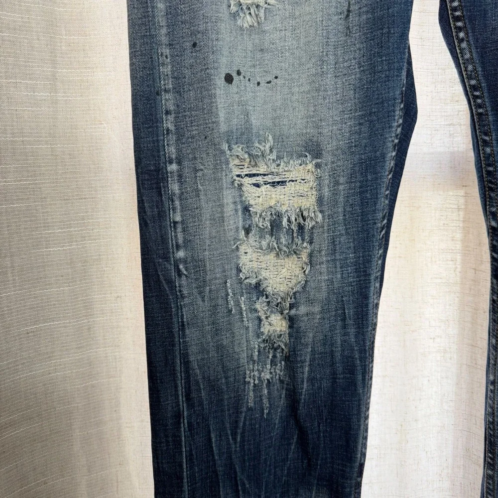 Smugglers Moon Distressed Ripped Paint Splatter Blue Jeans Button Fly Mens 42x33